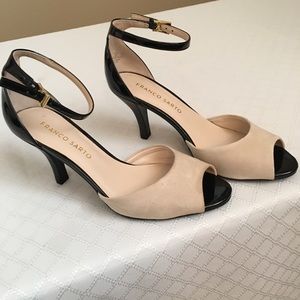 Black and beige suede heels